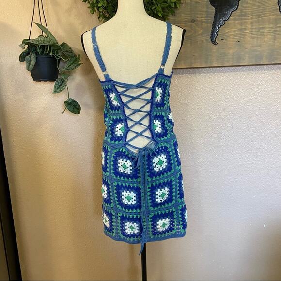 NWOT Lulus Trendsetting Charm Blue Crochet Lace-Up Sleeveless Mini Dress - Picture 5 of 9